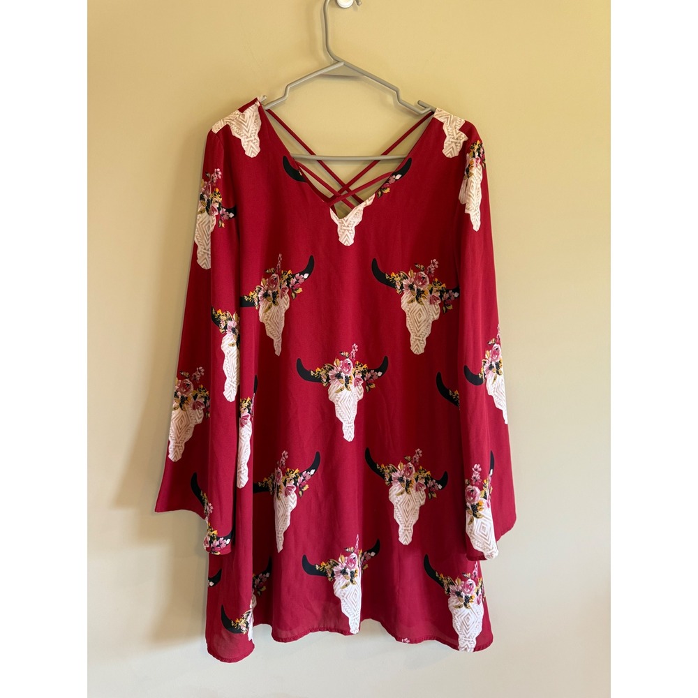 Altar'd State Womens Small Burgundy Bull Skull Floral Strappy Back Shift Dress